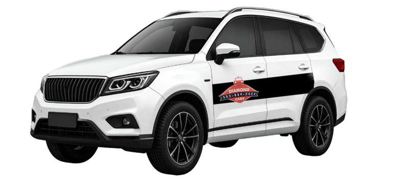 Airdrie Diamond Cabs SUV in white with red diamond livery